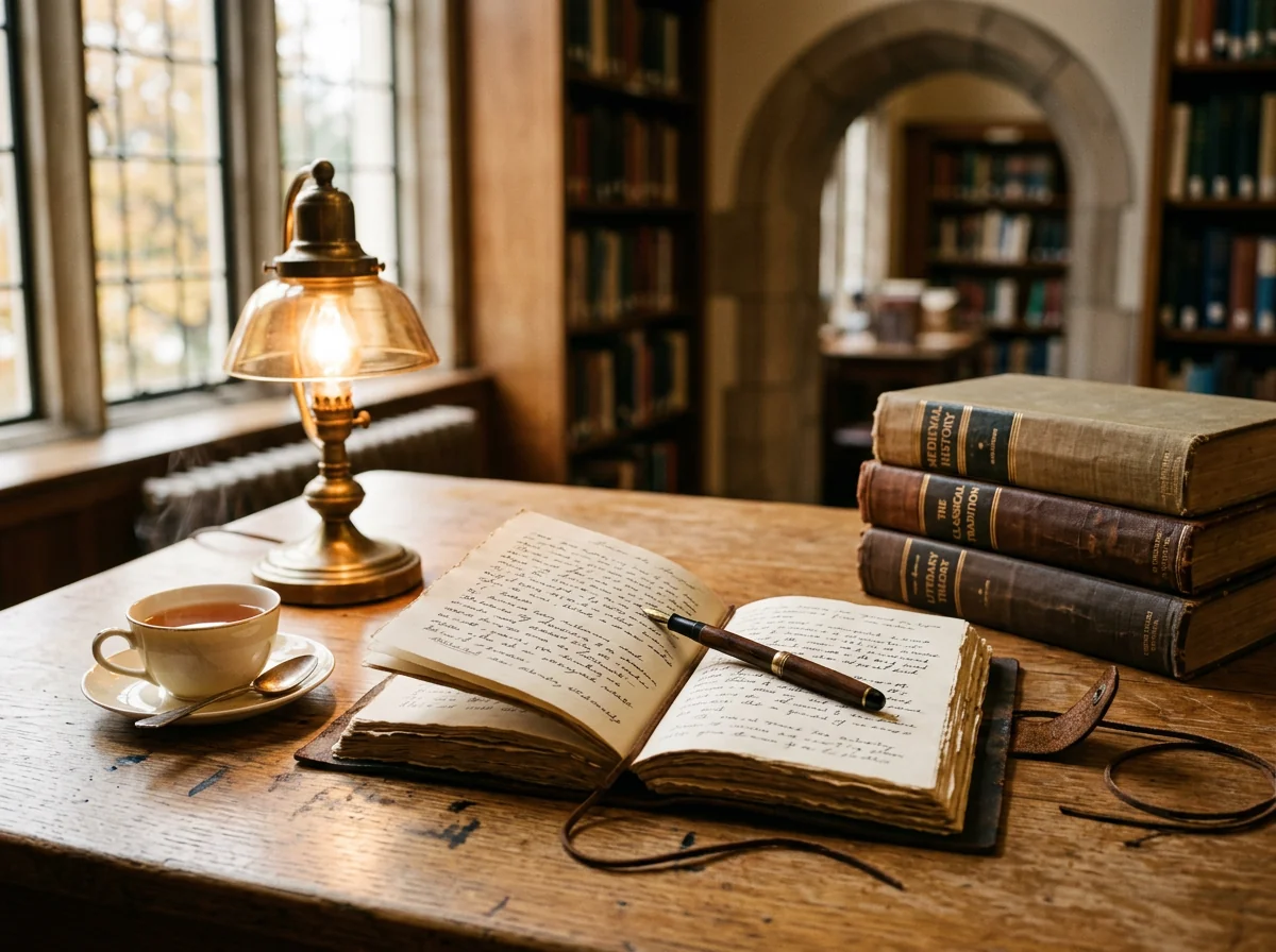 Warm library table with books, notes, and a reading lamp